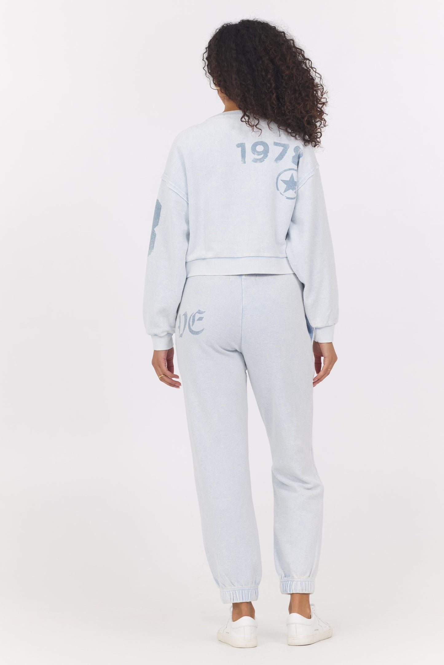 Light Blue Washed Denim Vintage Havana Printed Rib Crew