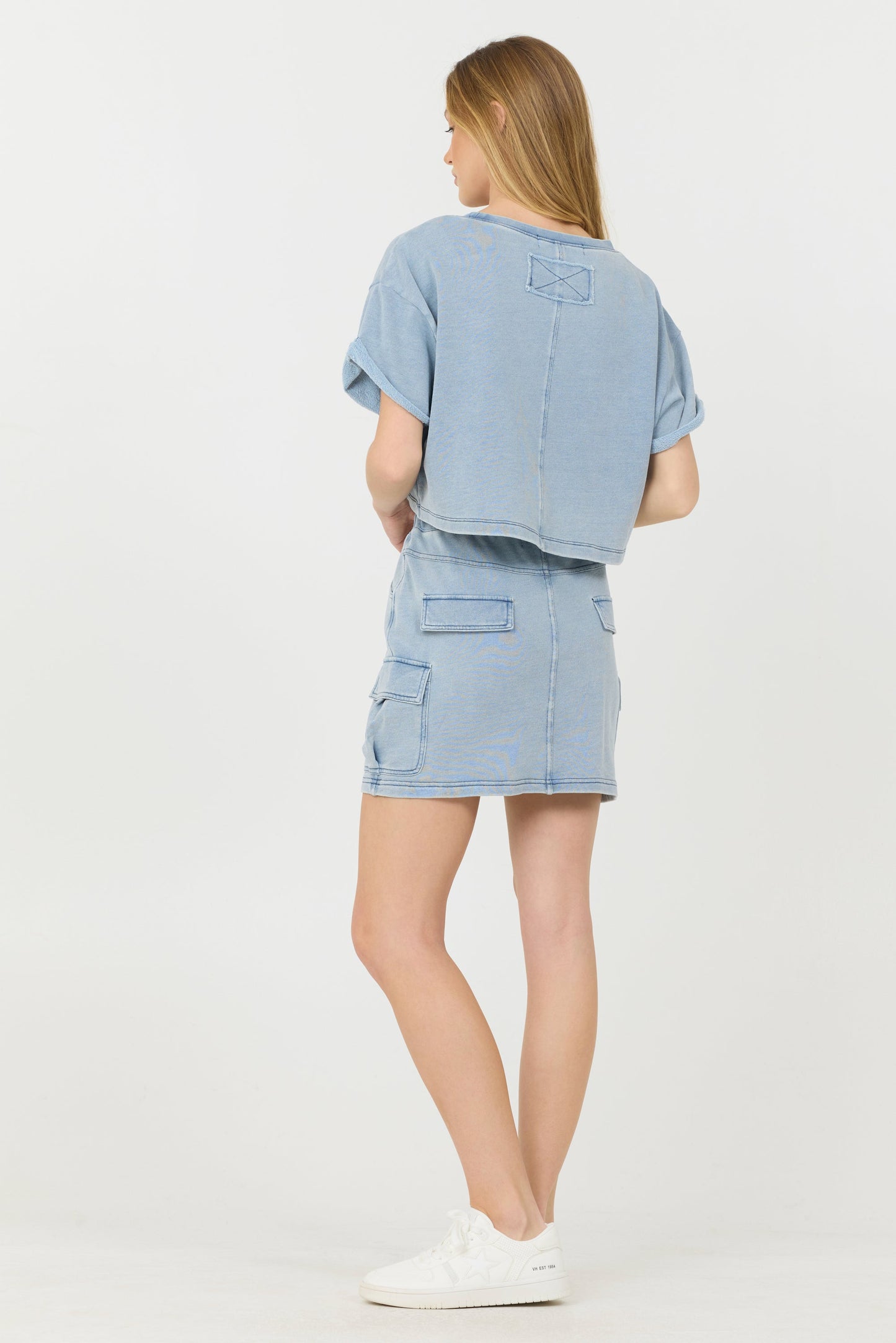 Washed Denim Vintage Havana Washed Denim Terry Fleece Cargo Skirt
