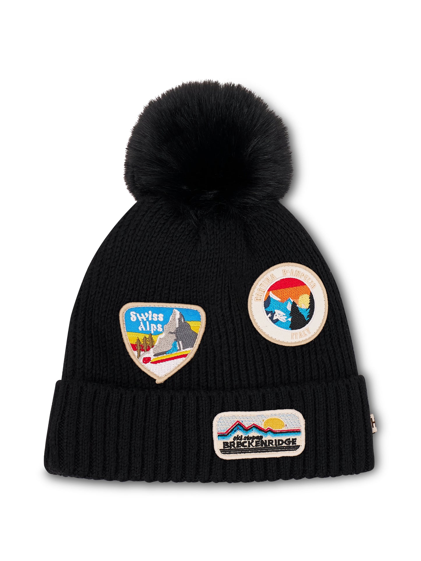 Black Vintage Havana RIBBED POMPOM BEANIE WITH SWISS ALP PATCH - BLACK