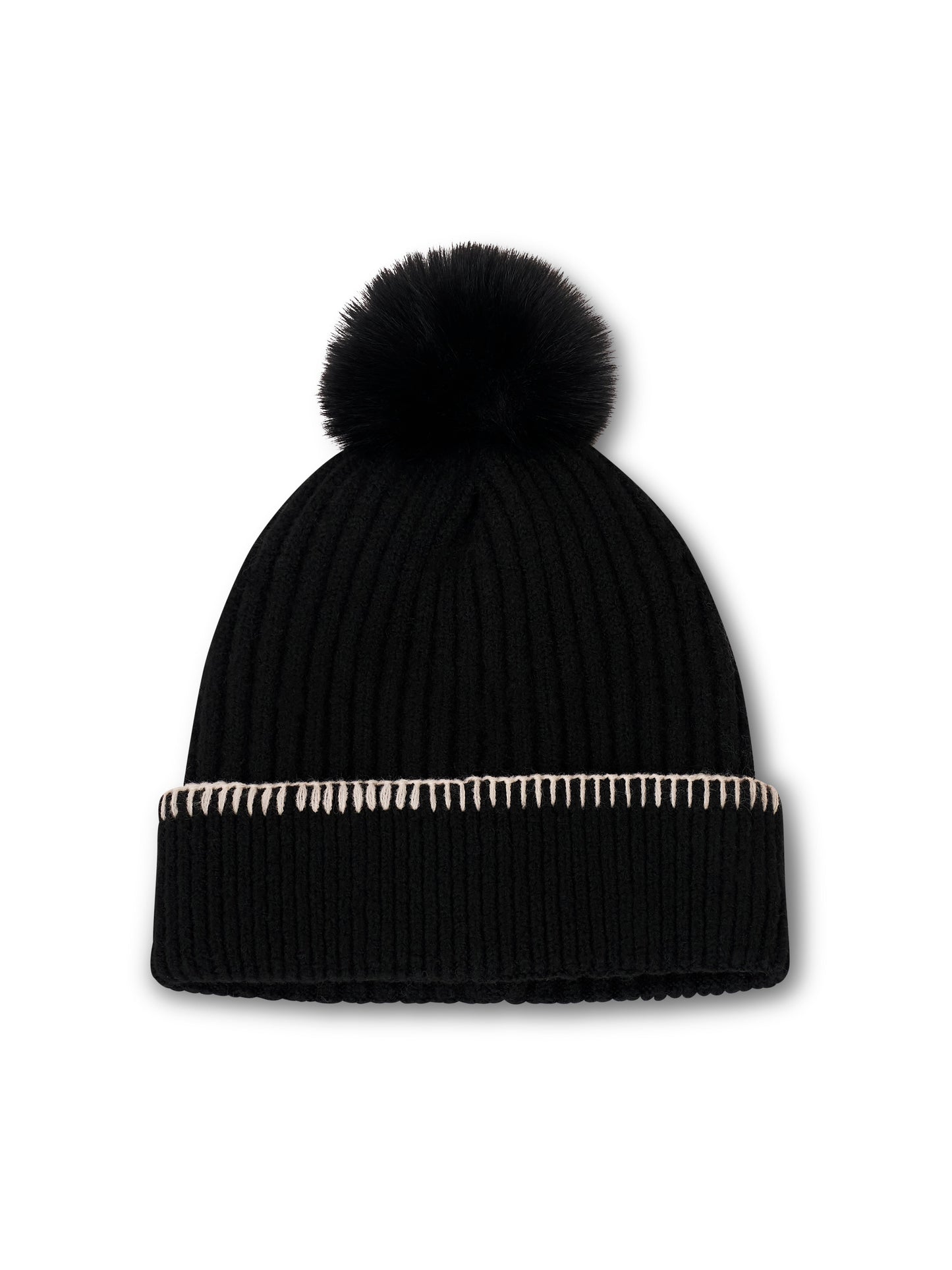 Black/Ivory Vintage Havana RIBBED POMPOM BEANIE - BLACK/IVORY