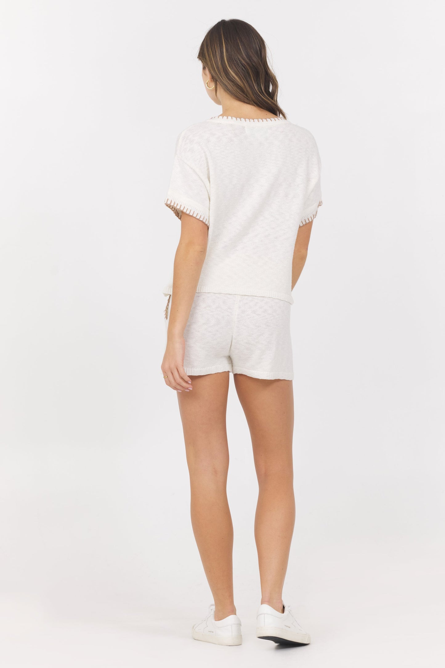 White with Summer Sand Vintage Havana White Summer Sand Short Sleeve Sweater w/ Whipstitch