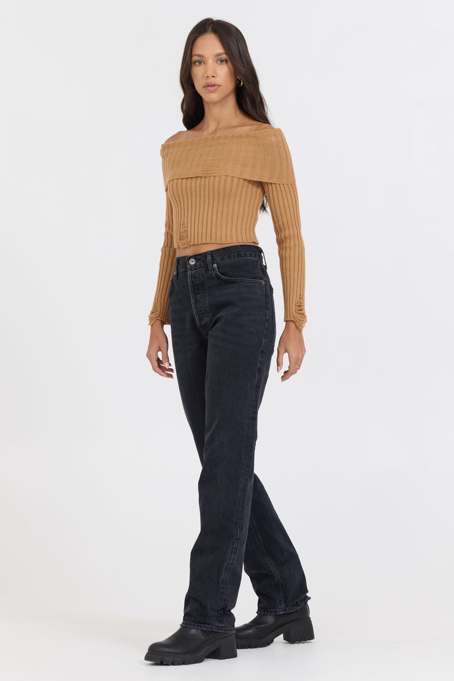 Caramel Vintage Havana Caramel Distressed Off Shoulder Sweater