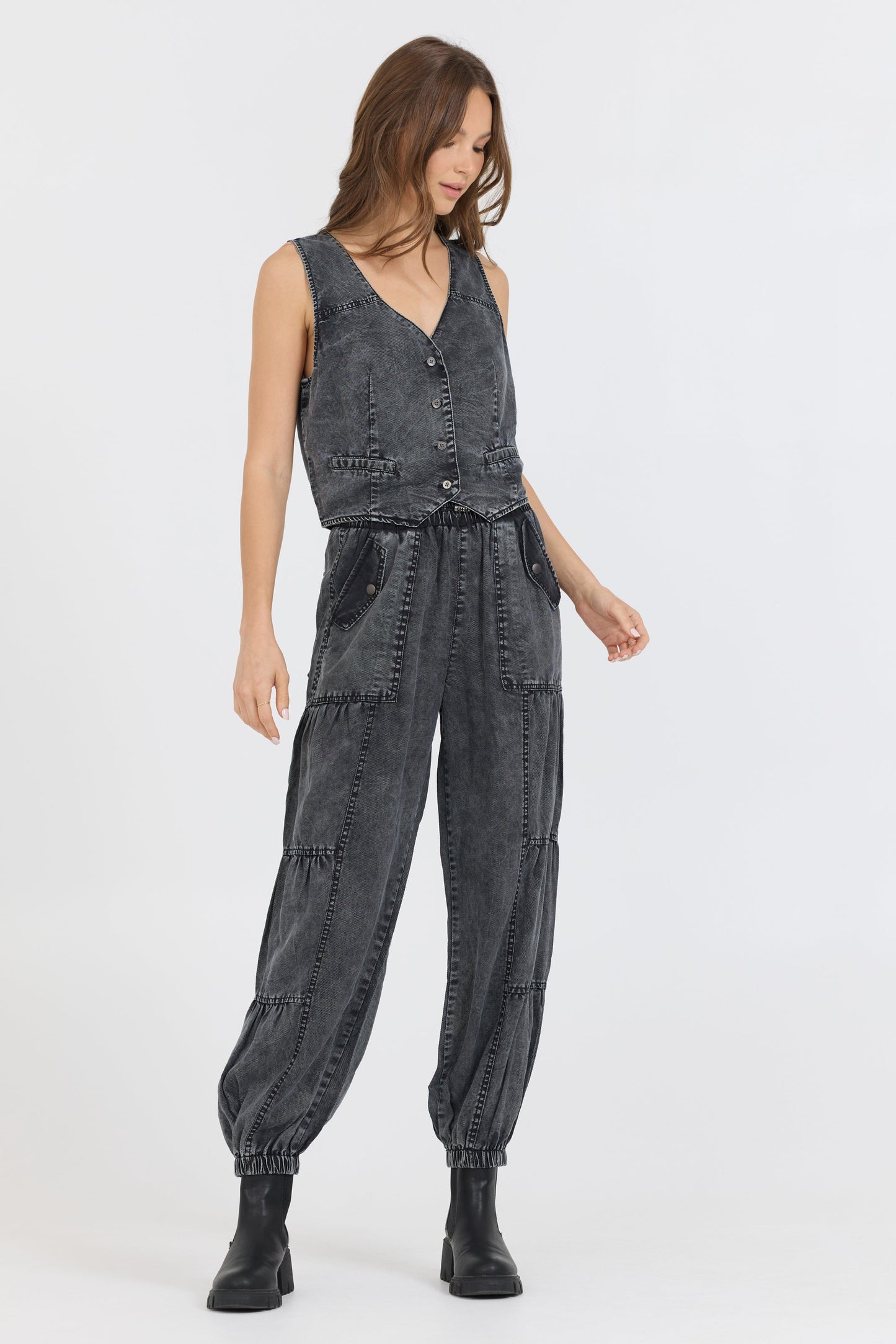 Washed Black Vintage Havana Washed Black Twill Button Front Vest Top