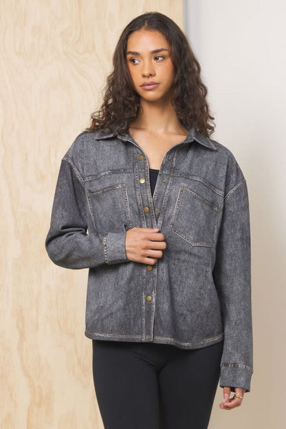 Black Washed Denim Vintage Havana Denim Fleece Shacket