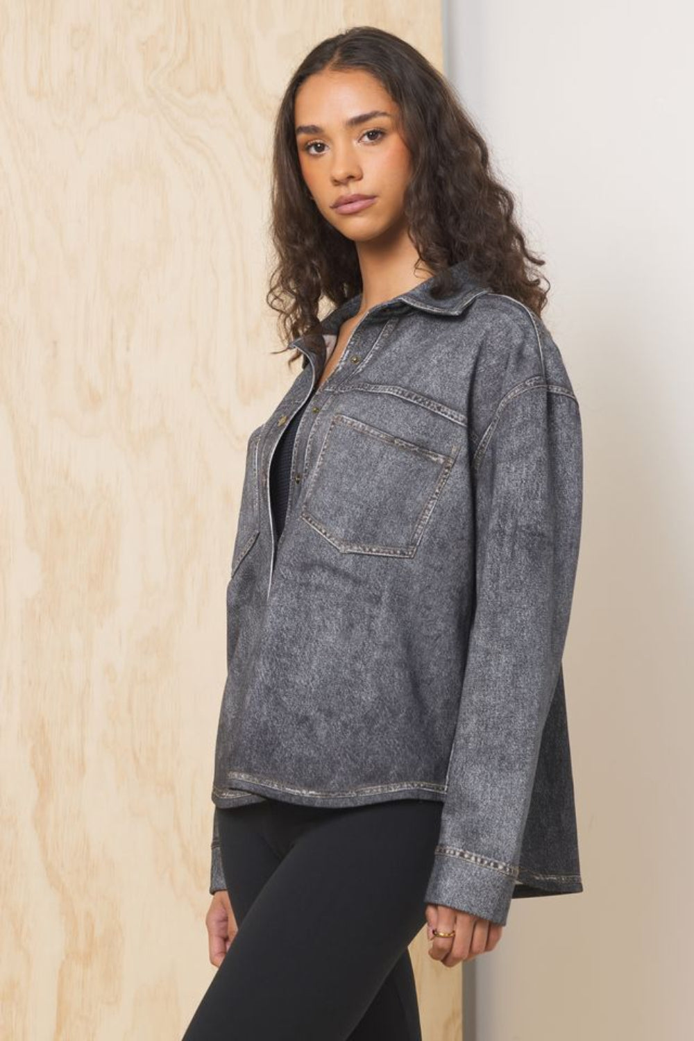 Black Washed Denim Vintage Havana Denim Fleece Shacket