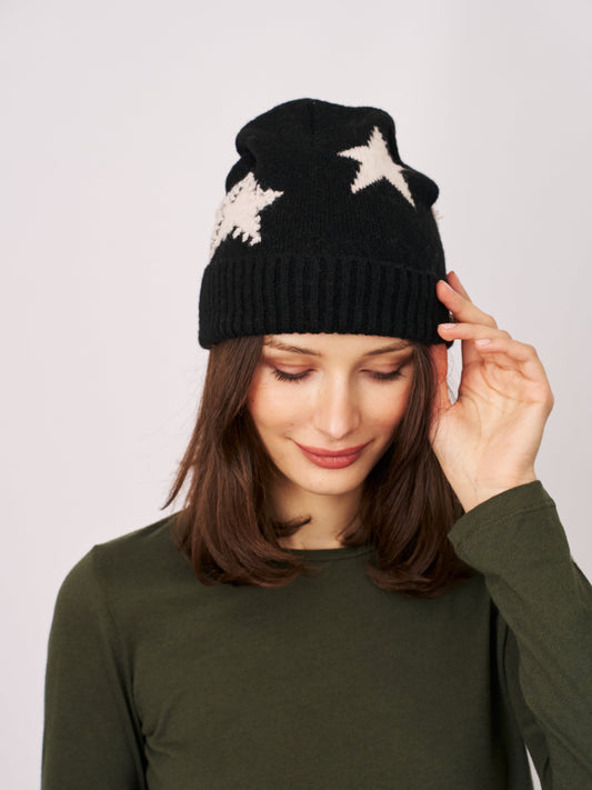 Black Vintage Havana STAR POMPOM BEANIE
