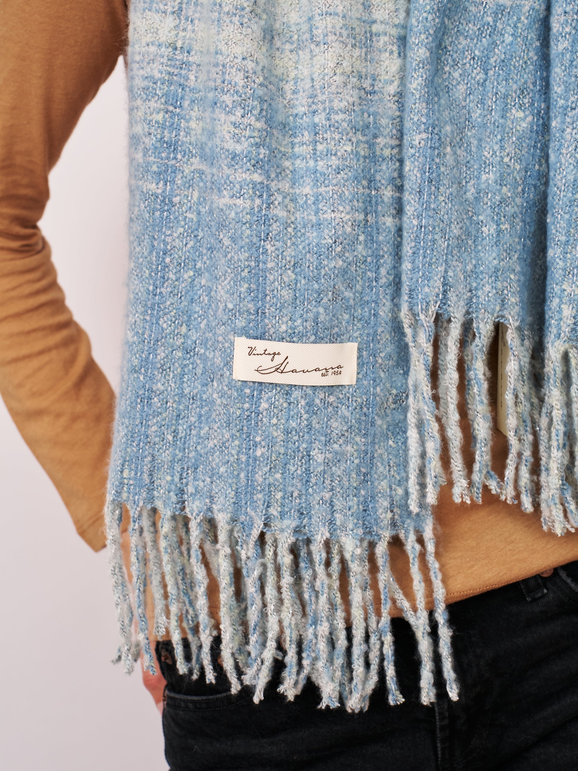 Blue Vintage Havana BOUCLE CHECK TASSEL SCARF - BLUE