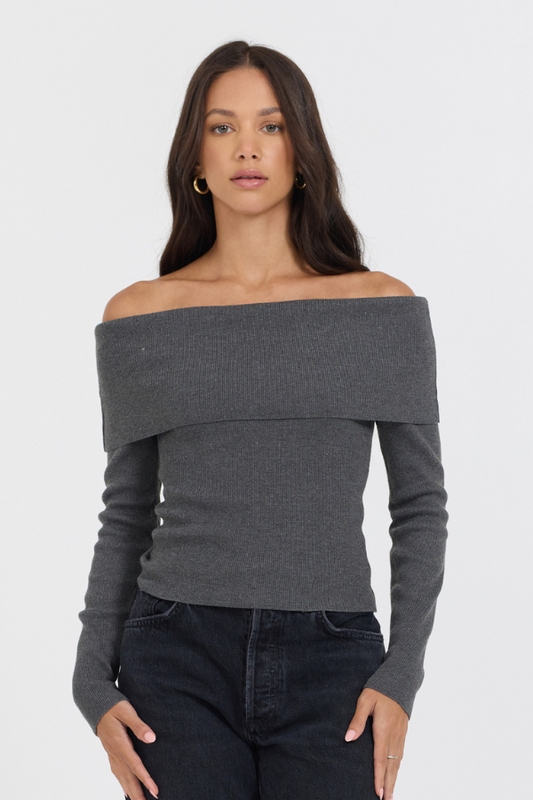 Heather Charcoal Vintage Havana Heather Charcoal Off Shoulder Sweater