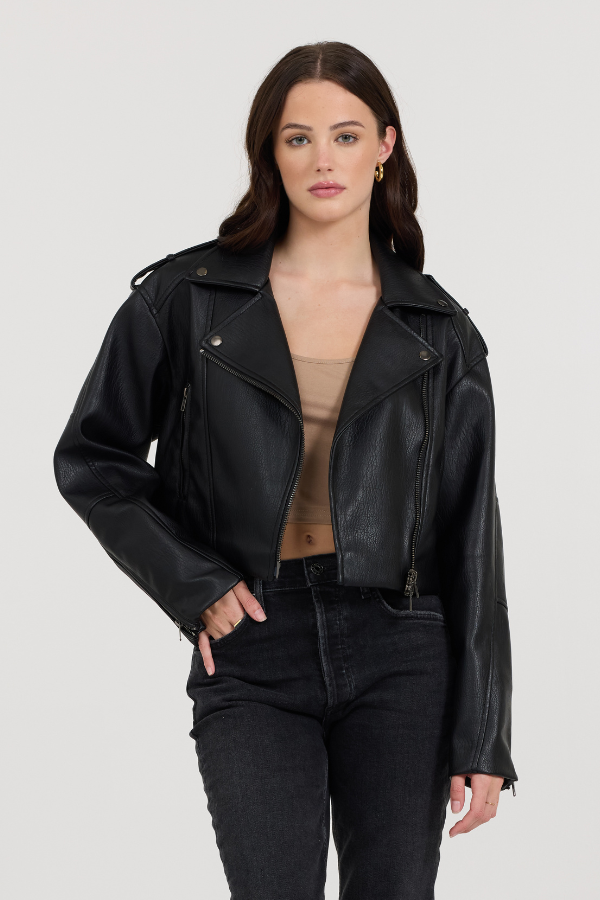 Black Vintage Havana Black Leather Moto Jacket