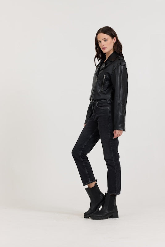Black Vintage Havana Black Leather Moto Jacket