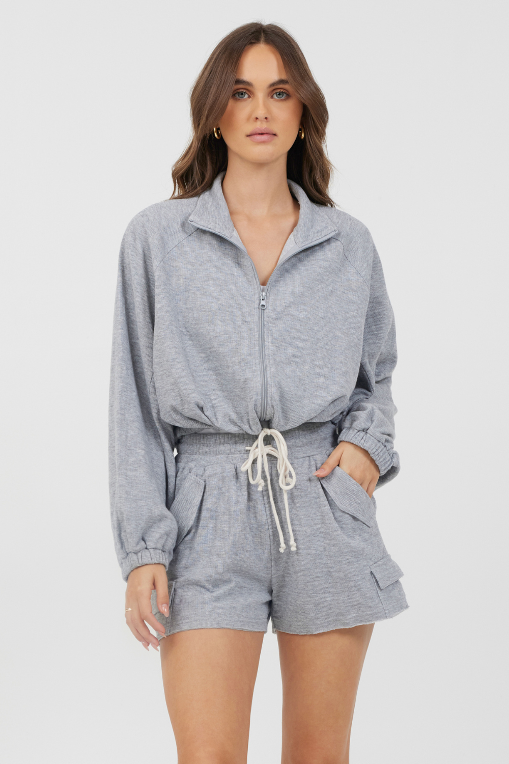 Heather Grey Vintage Havana Heather Grey Bounded Textured Jersey Zip Up W/ Tie