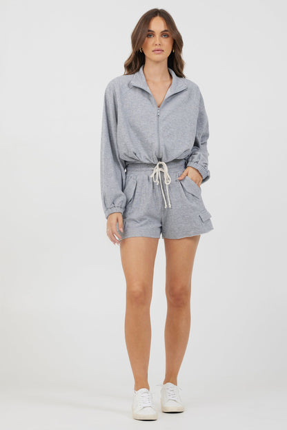 Heather Grey Vintage Havana Heather Grey Bounded Textured Jersey Zip Up W/ Tie