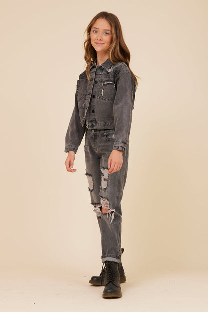 DENIM Vintage Havana RHINESTONE FRINGE BLACK DENIM JACKET