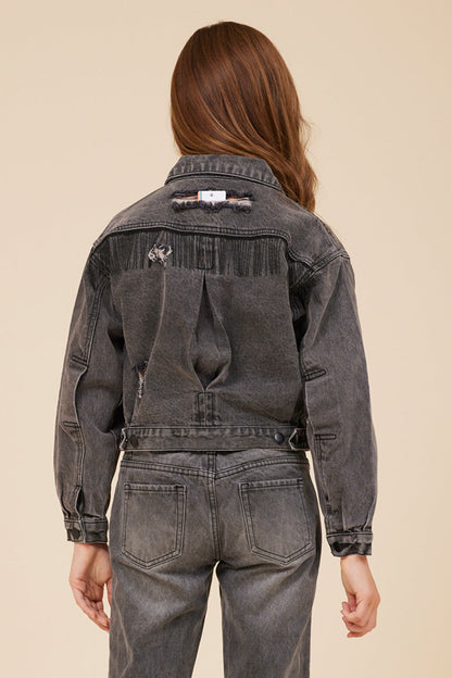 DENIM Vintage Havana RHINESTONE FRINGE BLACK DENIM JACKET