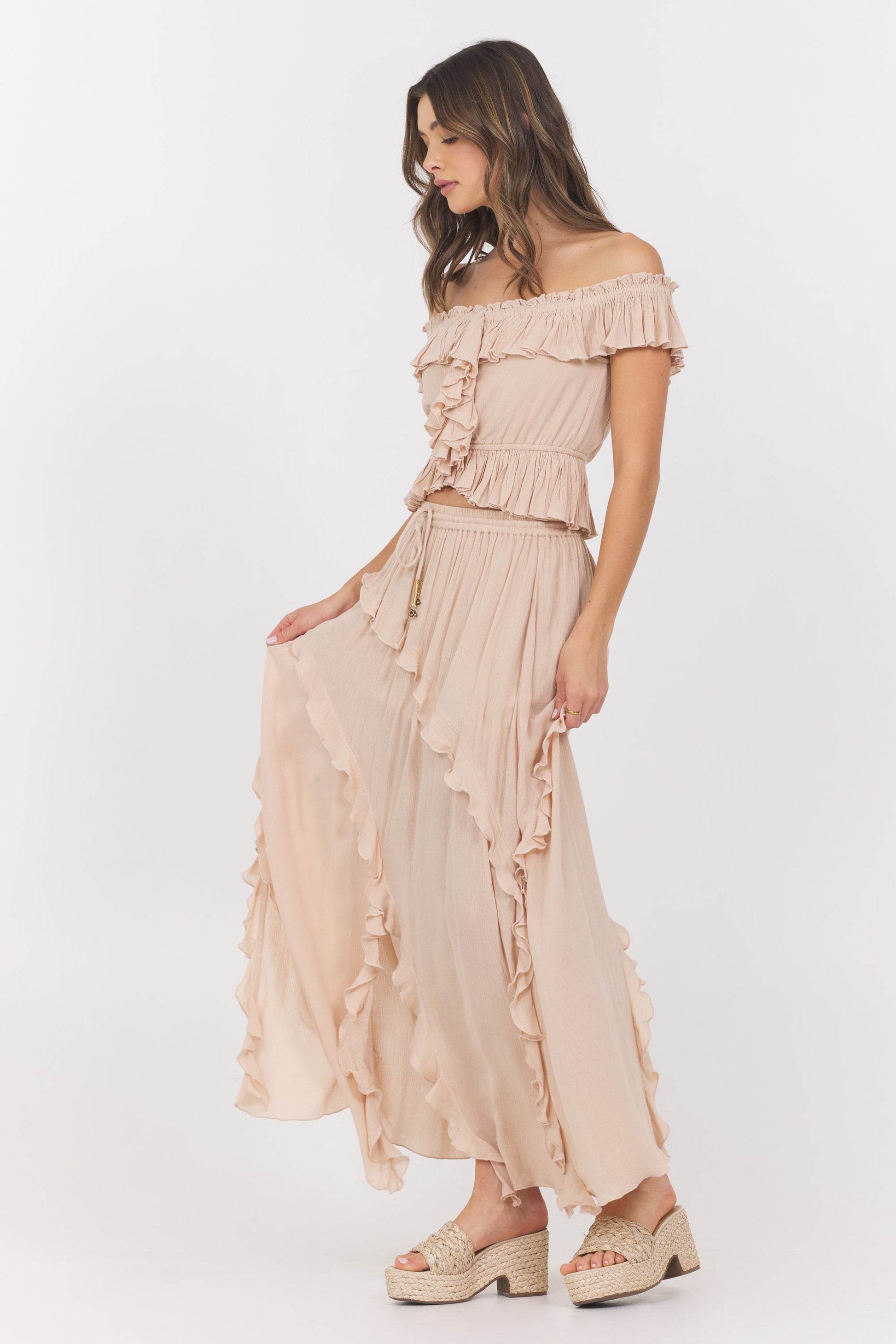 Champagne Toast Vintage Havana Champagne Toast Ruffle Off Shoulder Top
