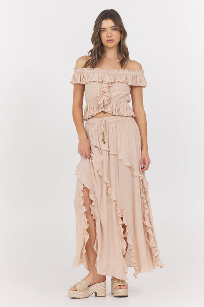 Champagne Toast Vintage Havana Champagne Toast Ruffle Off Shoulder Top