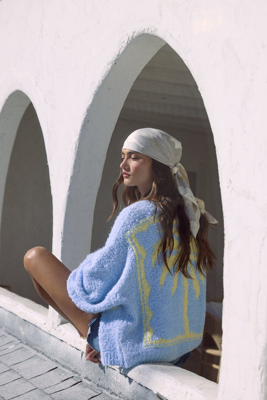 Dusty Blue with Yellow Vintage Havana Jacquard Palm Tree Cardigan