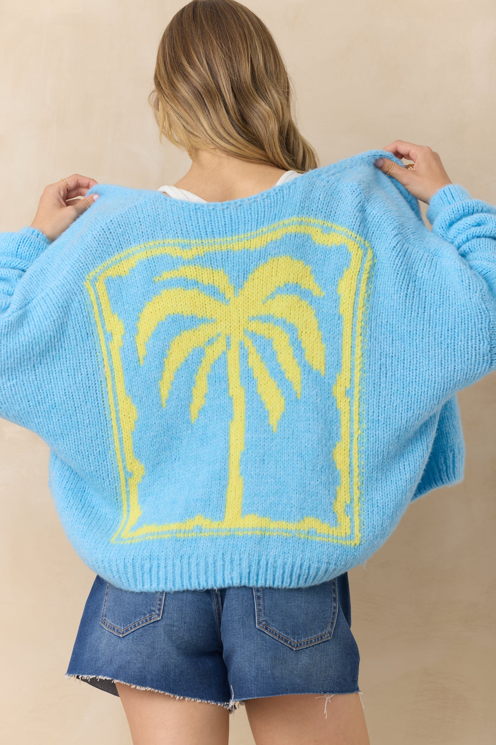 Dusty Blue with Yellow Vintage Havana Jacquard Palm Tree Cardigan
