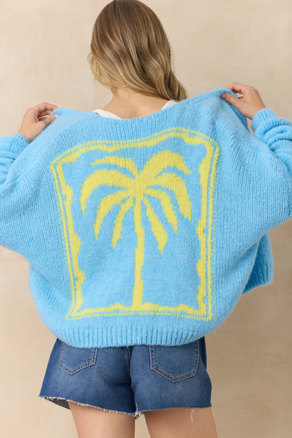 Dusty Blue with Yellow Vintage Havana Jacquard Palm Tree Cardigan