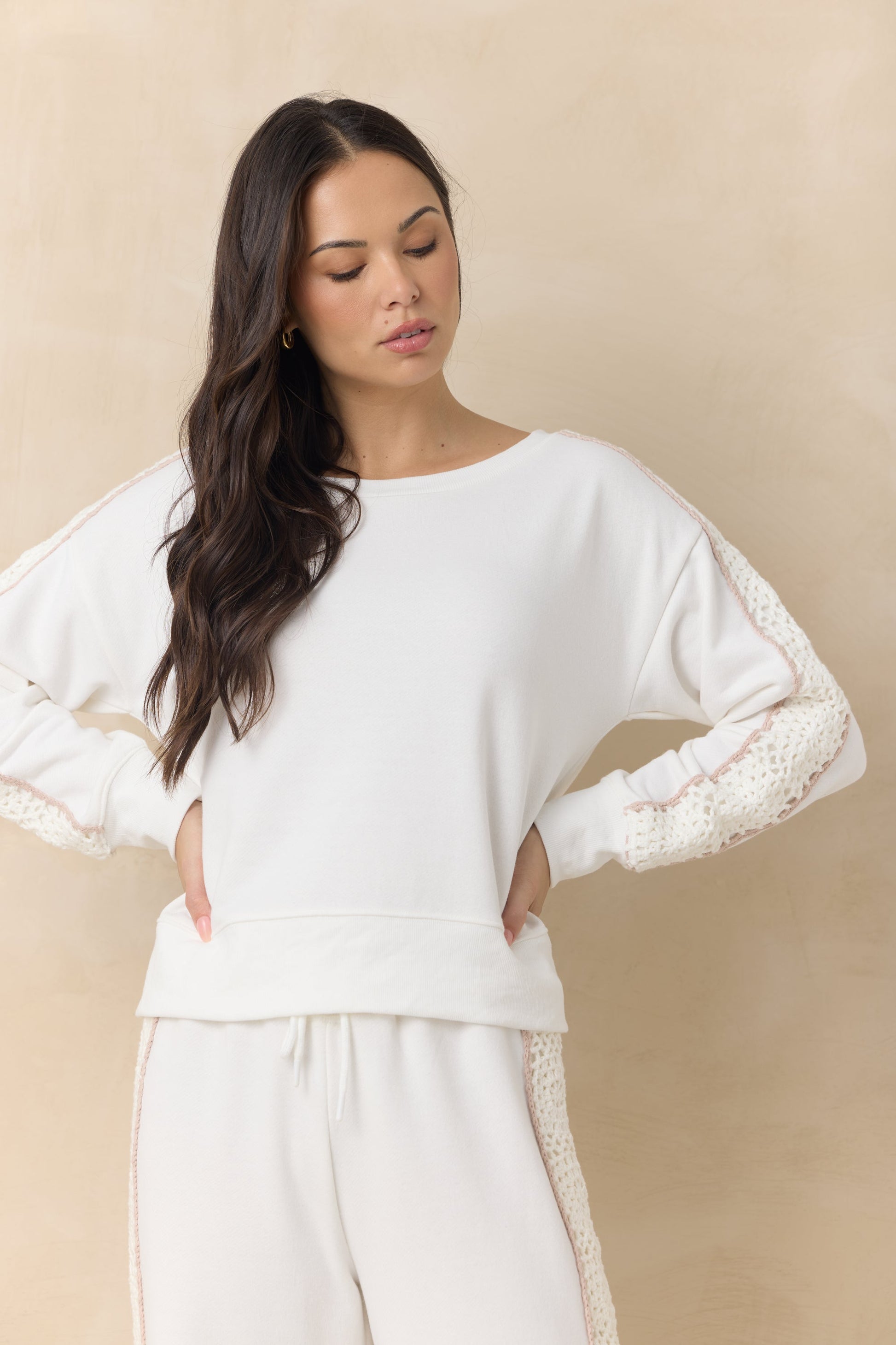 Vintage Havana French Terry Crew Sweatshirt with Square Crochet Insert