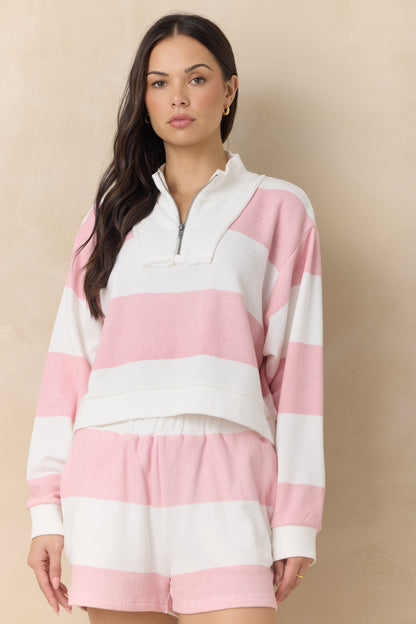 Sorbet Pink Vintage Havana Striped French Terry Half Zip Sweatshirt
