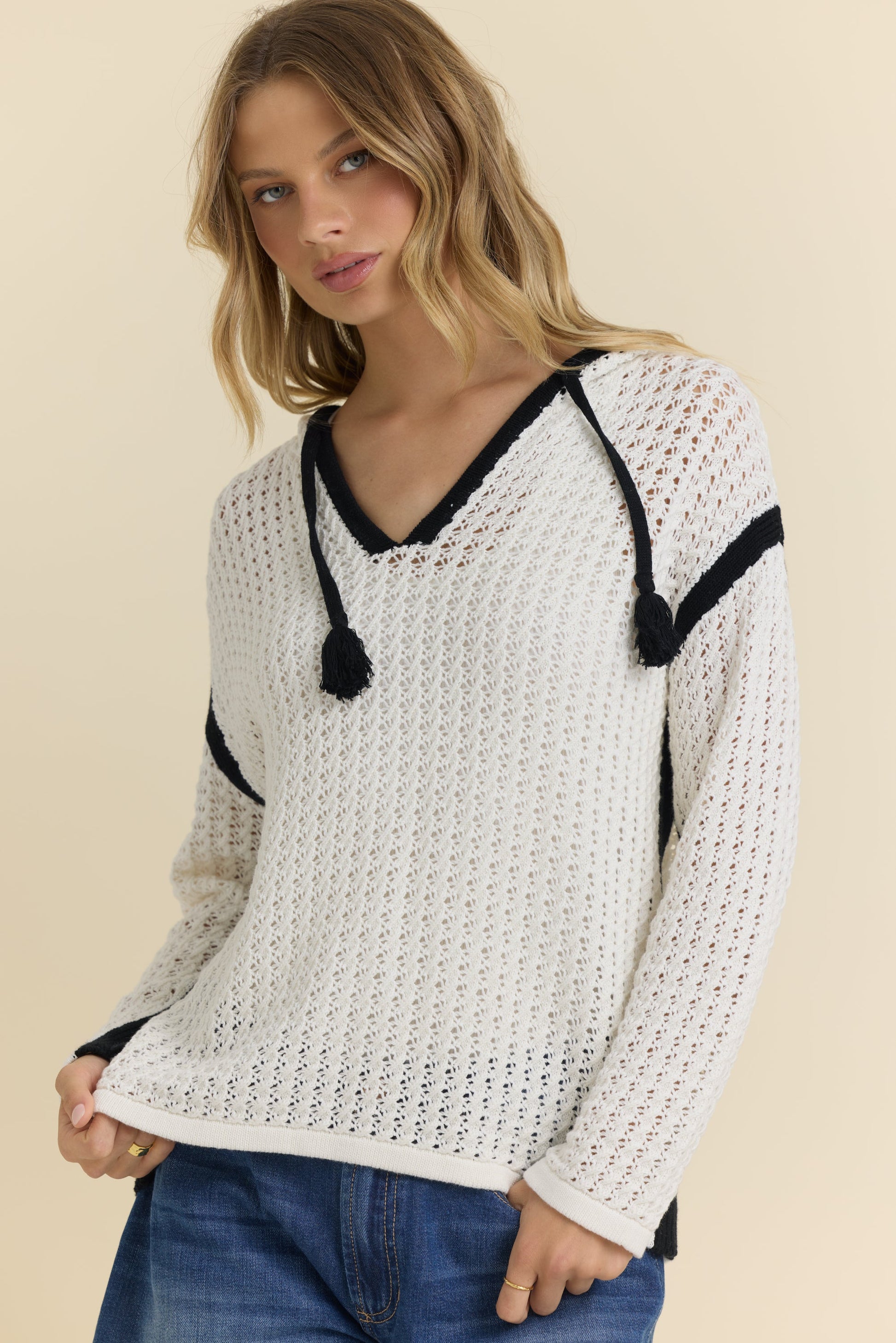 Vintage Havana Contrast Crochet Hoodie