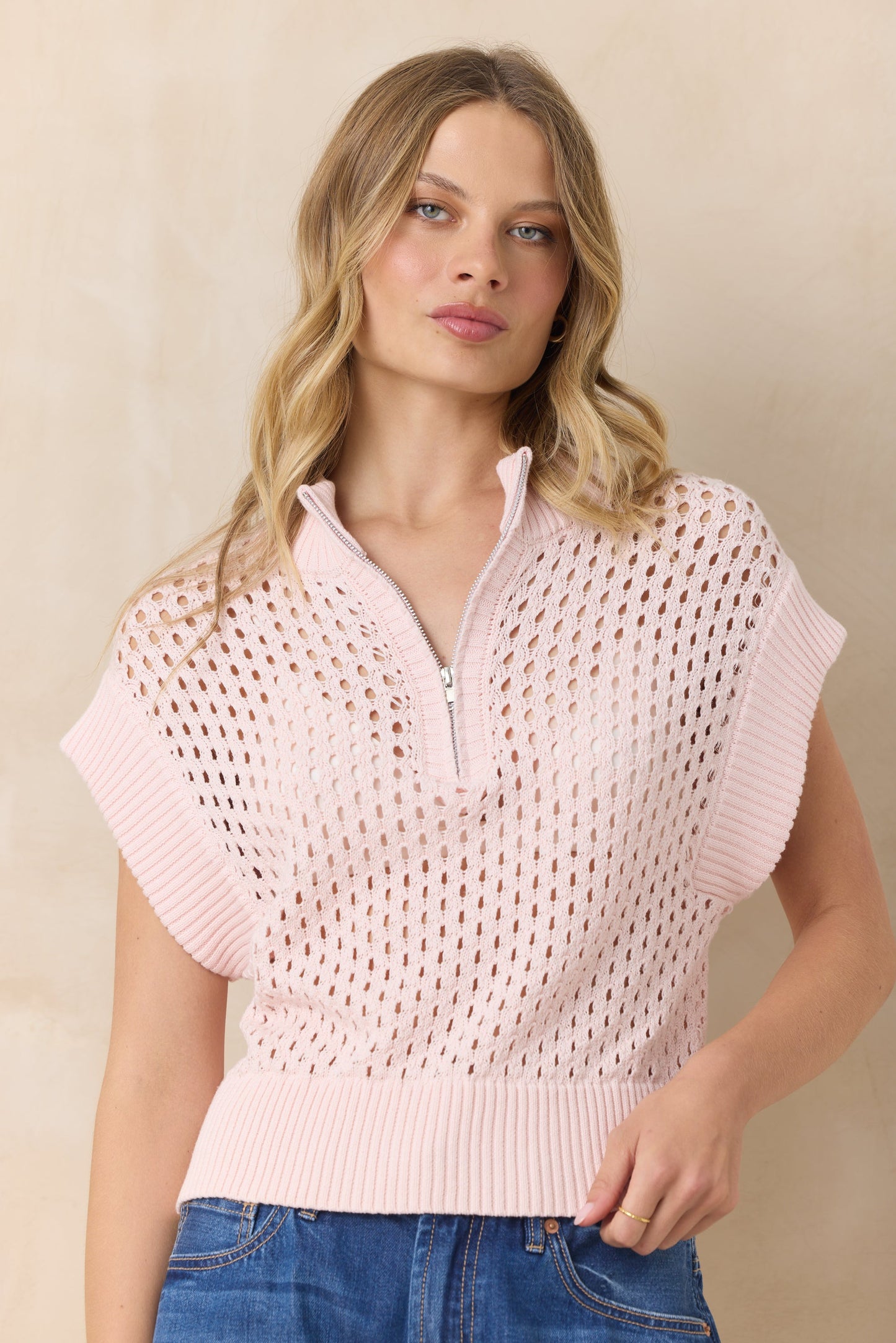 Pastel Pink Vintage Havana Open Knit Short Sleeve Quarter Zip Sweater