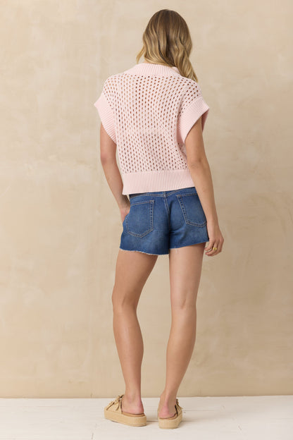 Pastel Pink Vintage Havana Open Knit Short Sleeve Quarter Zip Sweater