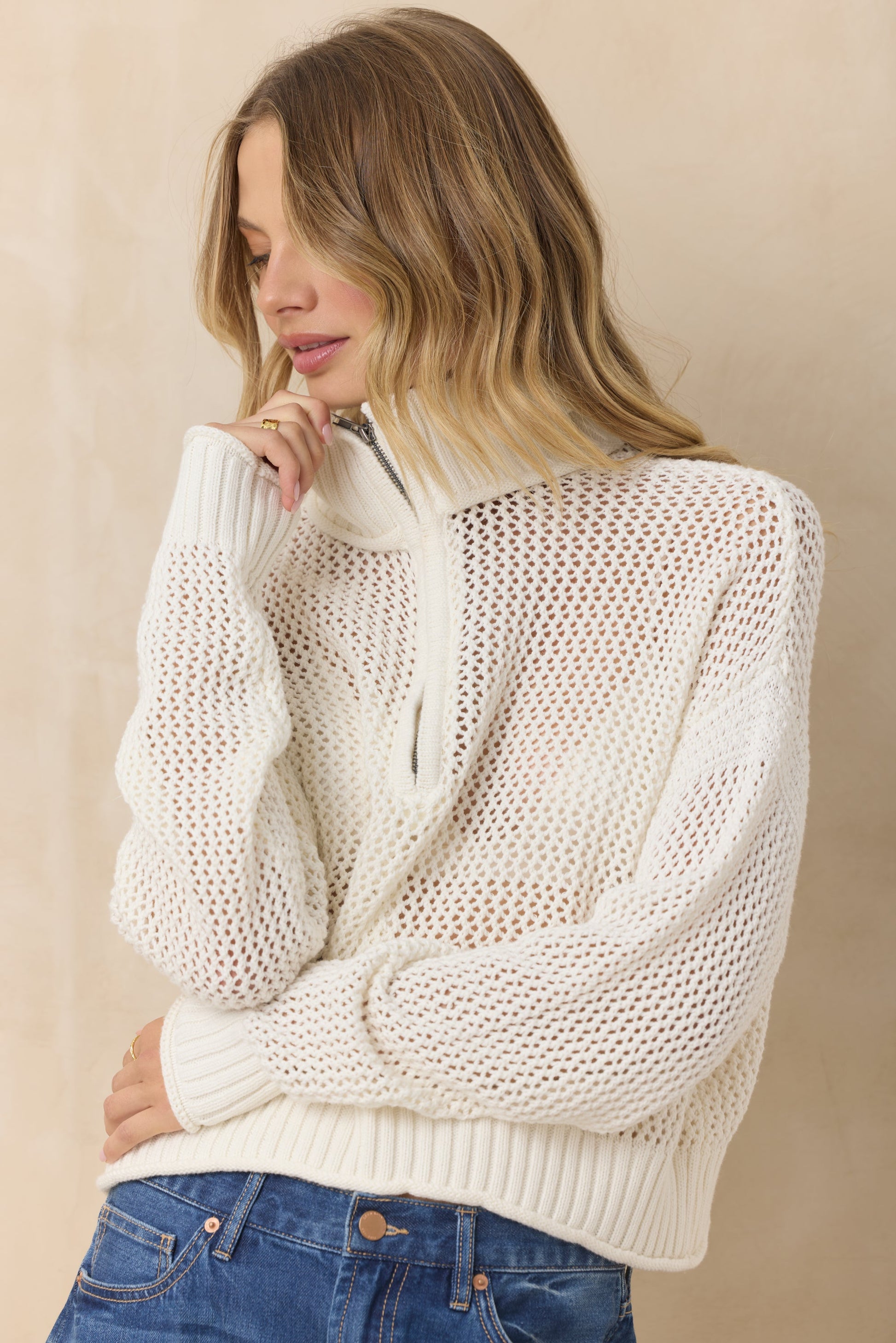 White Vintage Havana Open Knit Quarter Zip Sweater