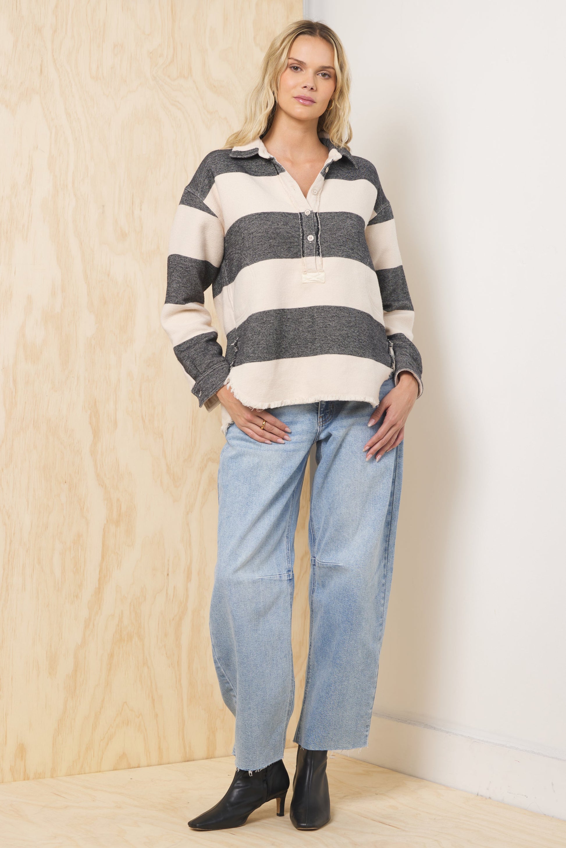 Black & Cream Vintage Havana Buffalo Stripe Quarter Button Up