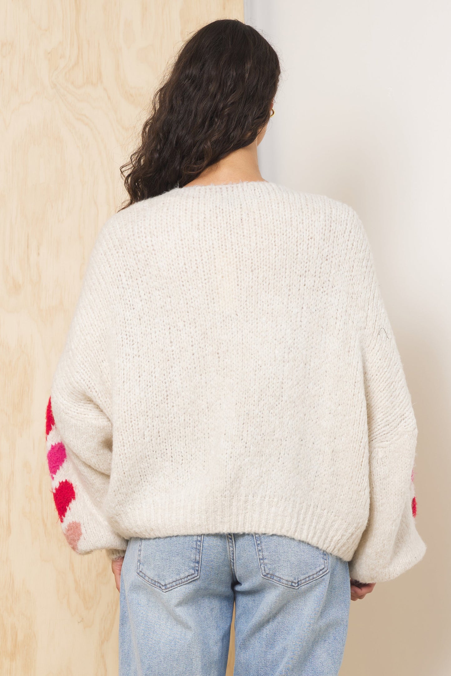Ecru w/ Red/Pink Vintage Havana Heart Jacquard Cardigan