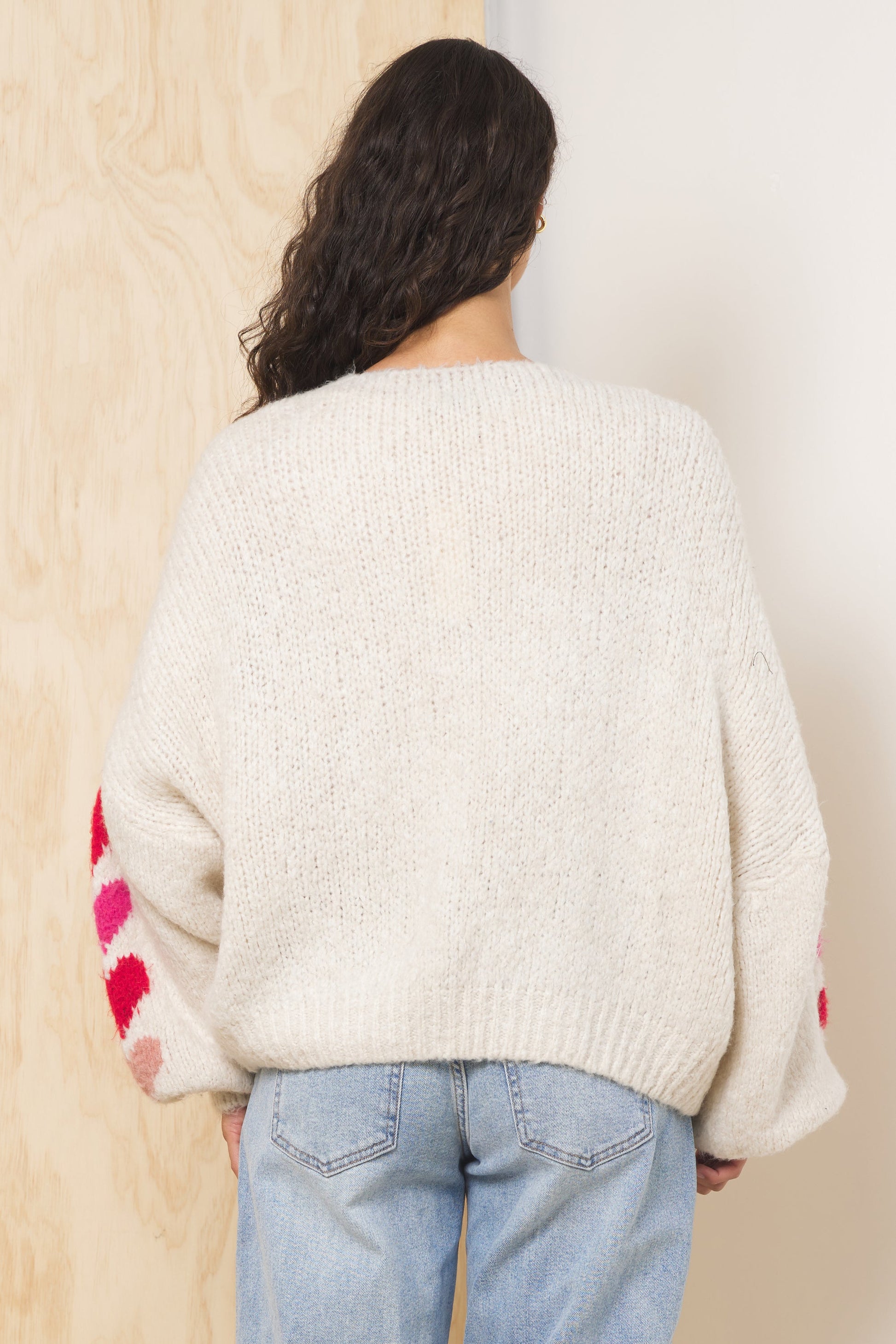 Ecru w/ Red/Pink Vintage Havana Heart Jacquard Cardigan