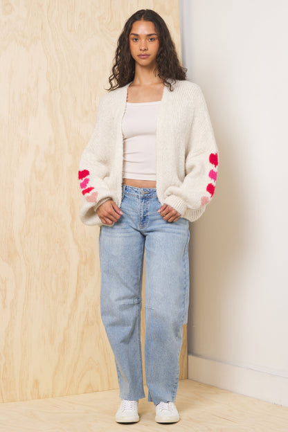 Ecru w/ Red/Pink Vintage Havana Heart Jacquard Cardigan