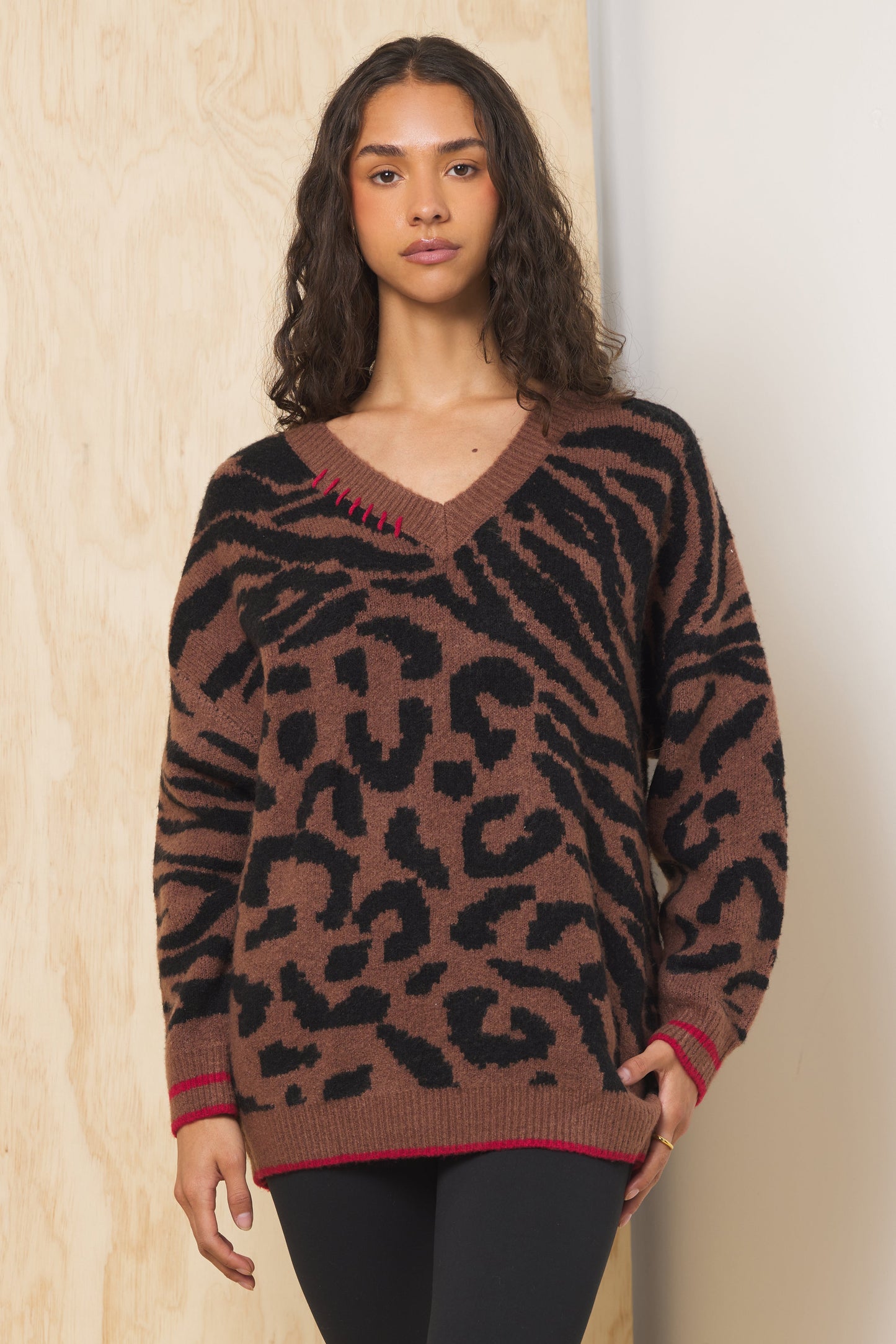 Wild Caramer w/ Red Vintage Havana V Neck Jacquard Sweater