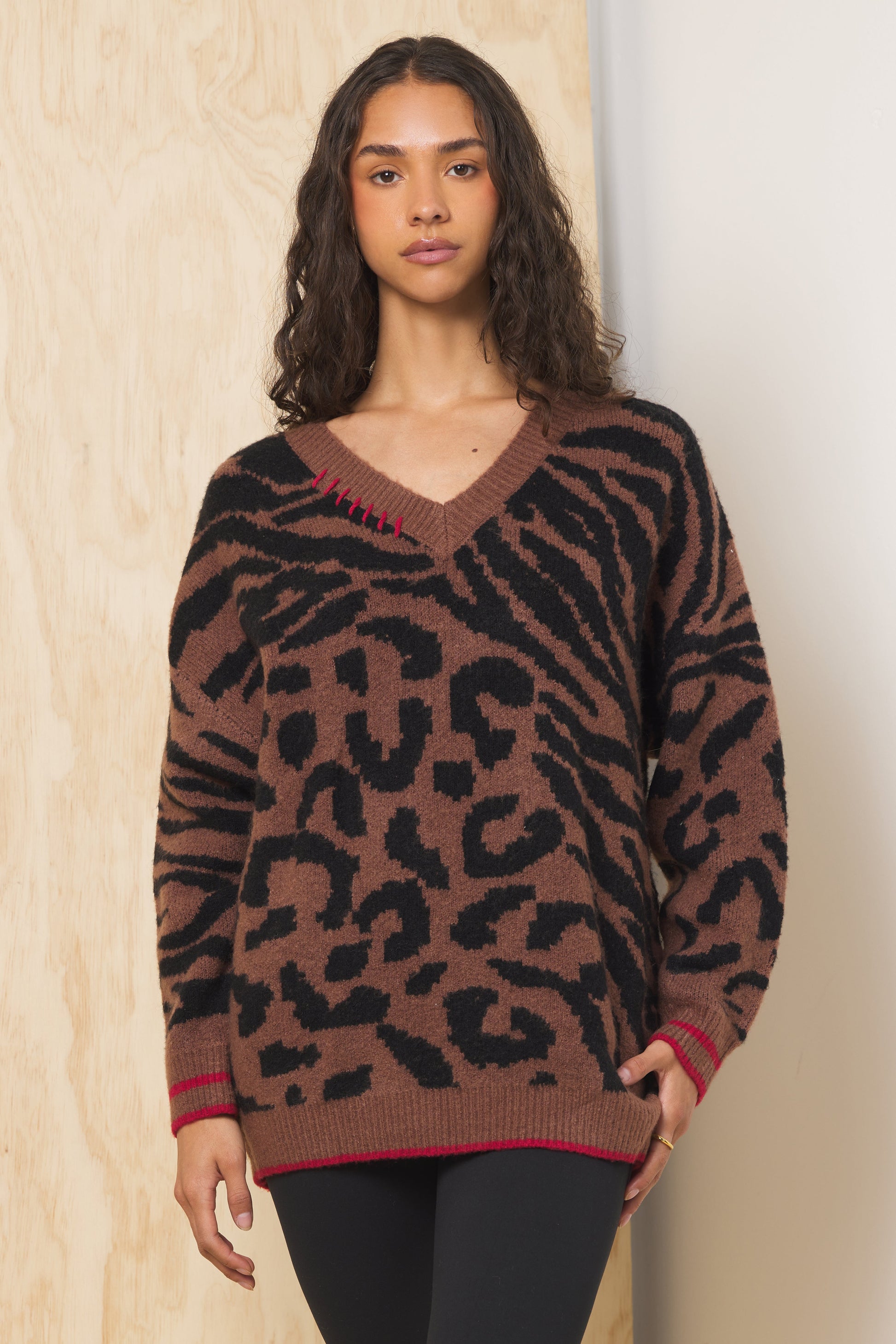 Wild Caramer w/ Red Vintage Havana V Neck Jacquard Sweater