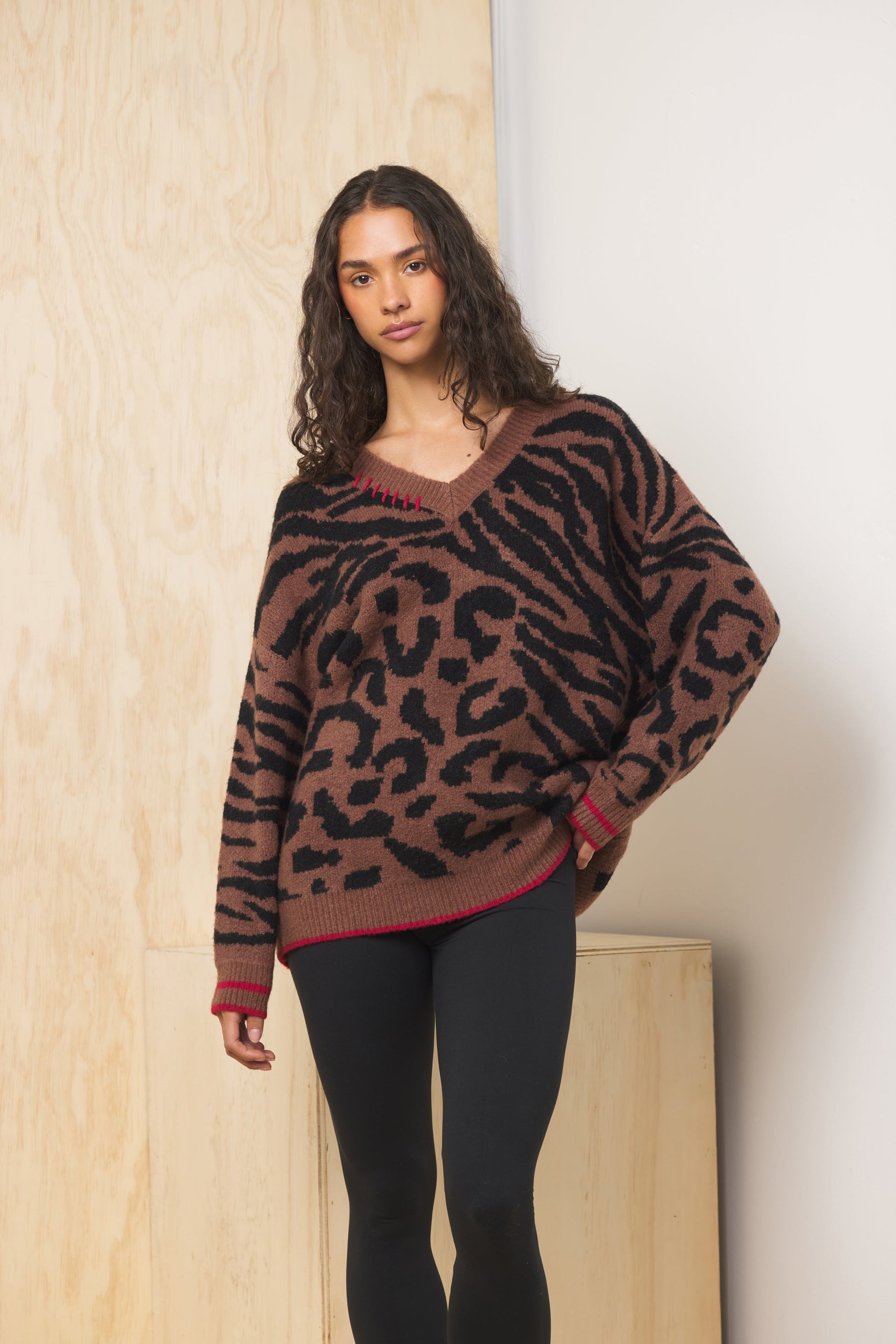 Wild Caramer w/ Red Vintage Havana V Neck Jacquard Sweater