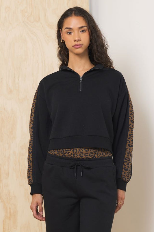Black w/ Leopard Vintage Havana Heavy Surfwash Quarter Zip w/ Printed Insert