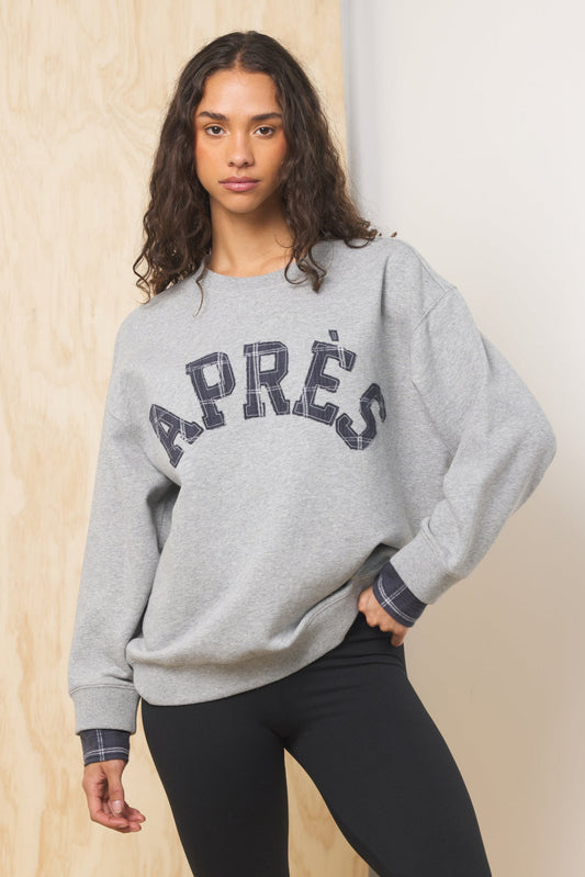 Moon Grey w/ Midnight Plaid Vintage Havana Apres Applique French Terry Crewneck
