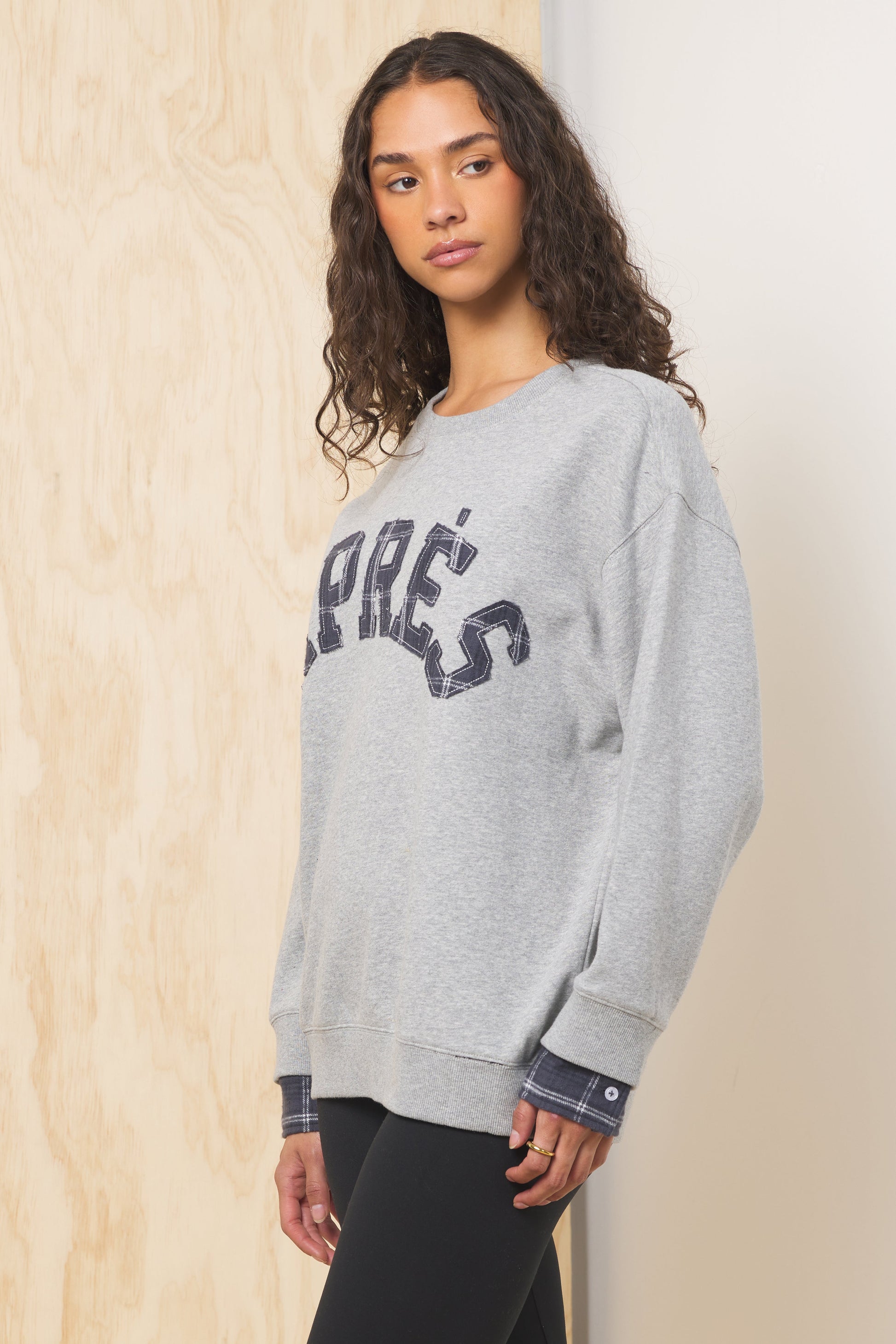 Moon Grey w/ Midnight Plaid Vintage Havana Apres Applique French Terry Crewneck