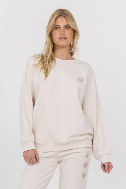 Coconut w/ Multi Vintage Havana Embroidered French Terry Crew