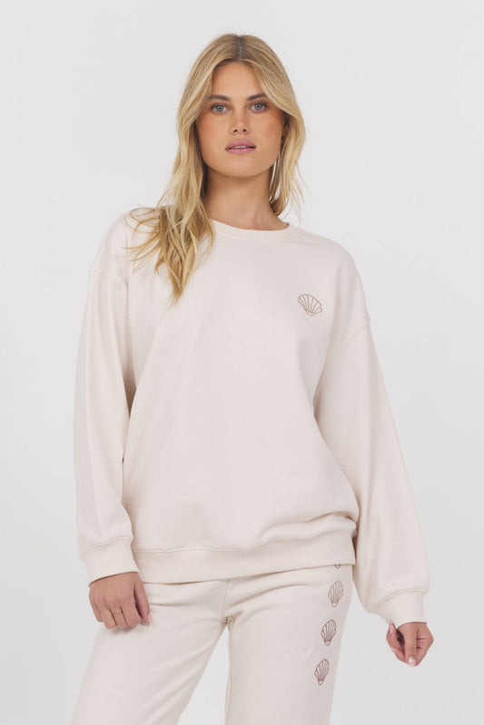 Coconut w/ Multi Vintage Havana Embroidered French Terry Crew