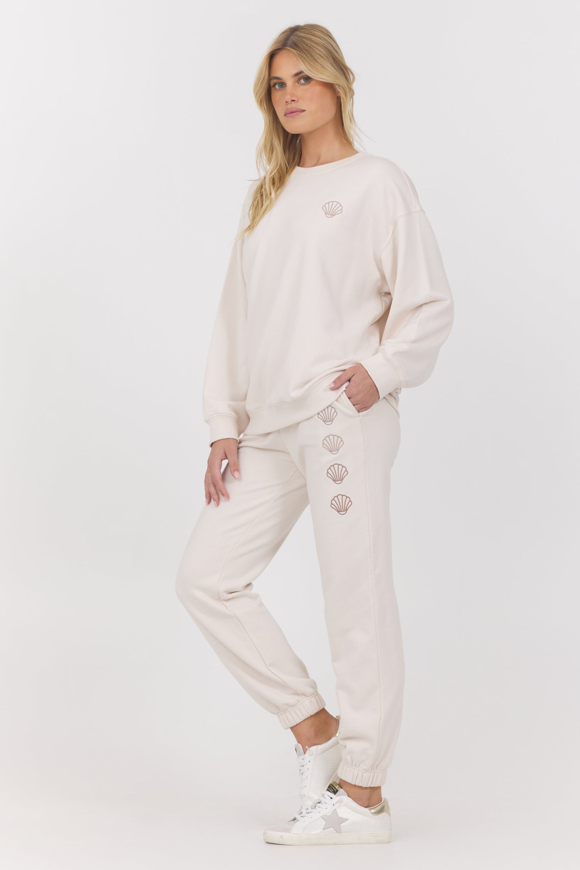 Coconut w/ Multi Vintage Havana Embroidered French Terry Crew