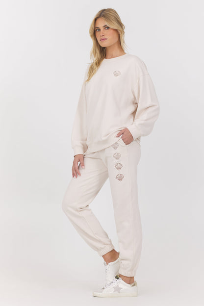 Coconut w/ Multi Vintage Havana Embroidered French Terry Crew