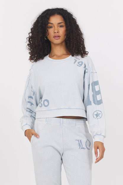 Light Blue Washed Denim Vintage Havana Printed Rib Crew