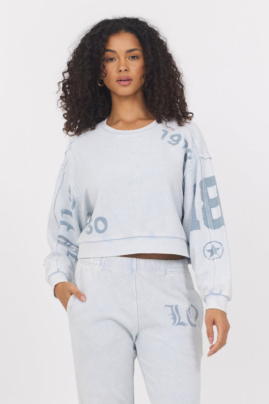 Light Blue Washed Denim Vintage Havana Printed Rib Crew