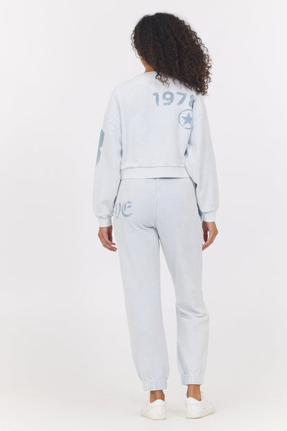 Light Blue Washed Denim Vintage Havana Printed Rib Crew