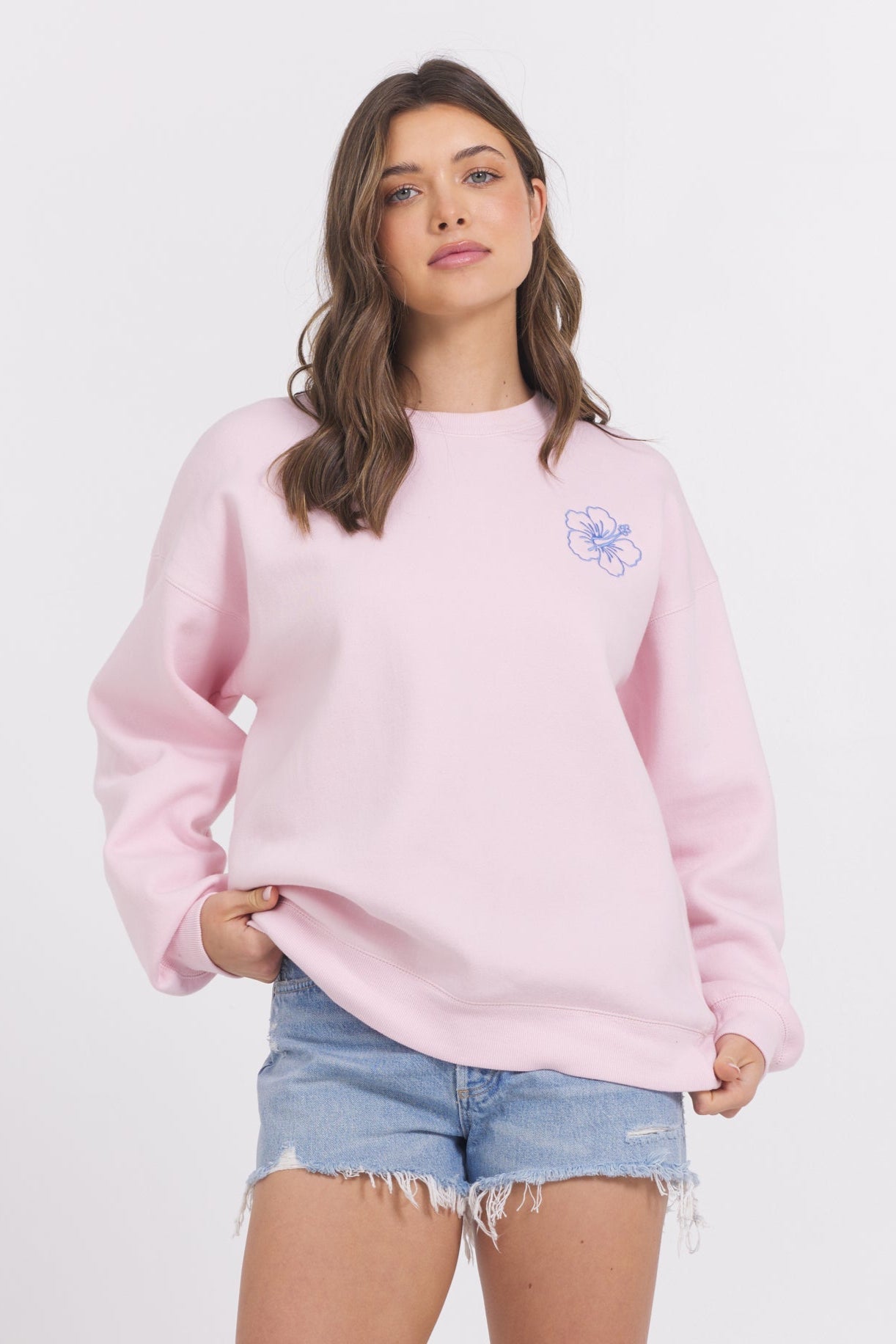 Hibiscus Pink w/ Hightide Blue Vintage Havana Surfwash Crew w/ Embroidery