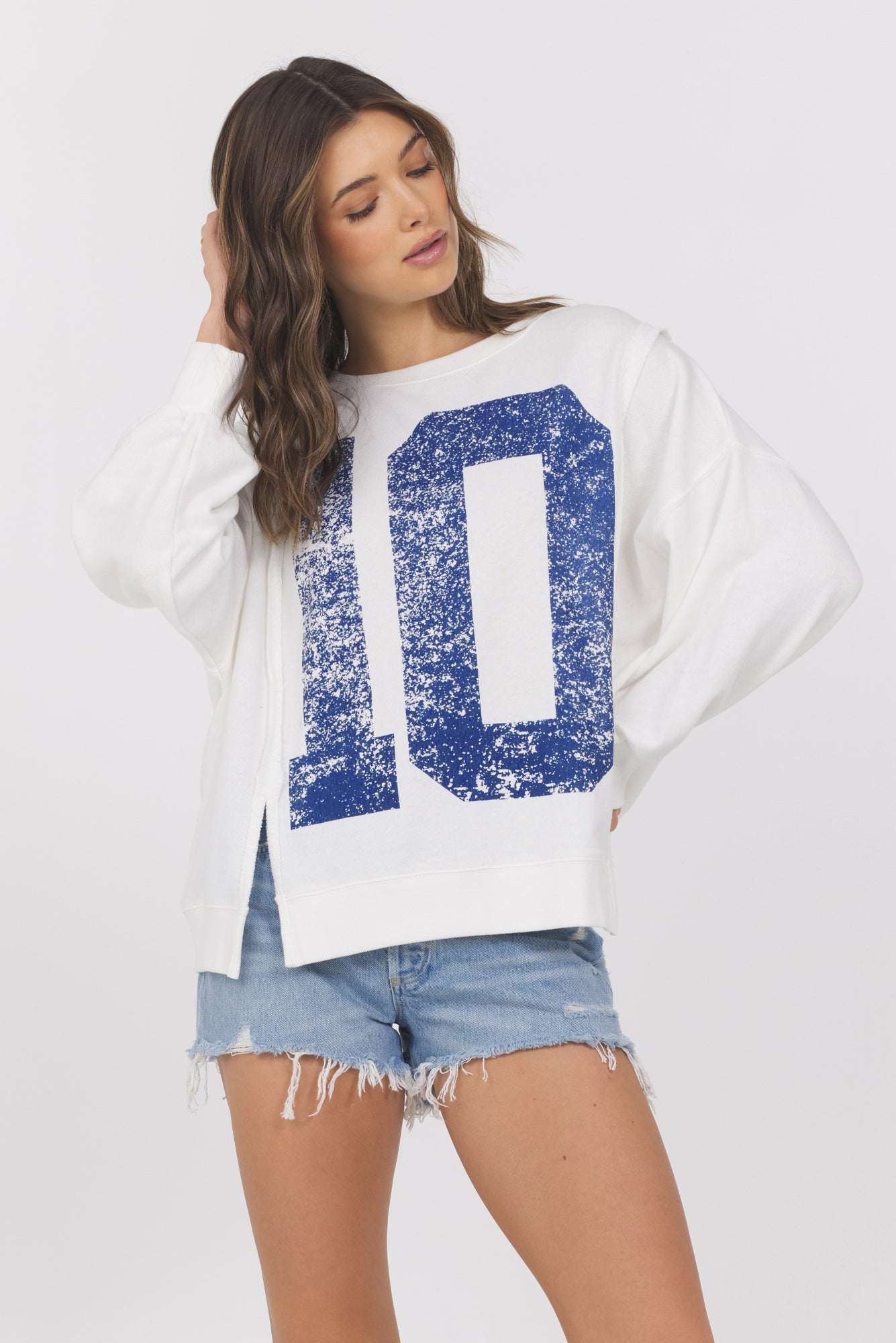 Warm White w/ Navy Vintage Havana French Terry Varsity Crewneck