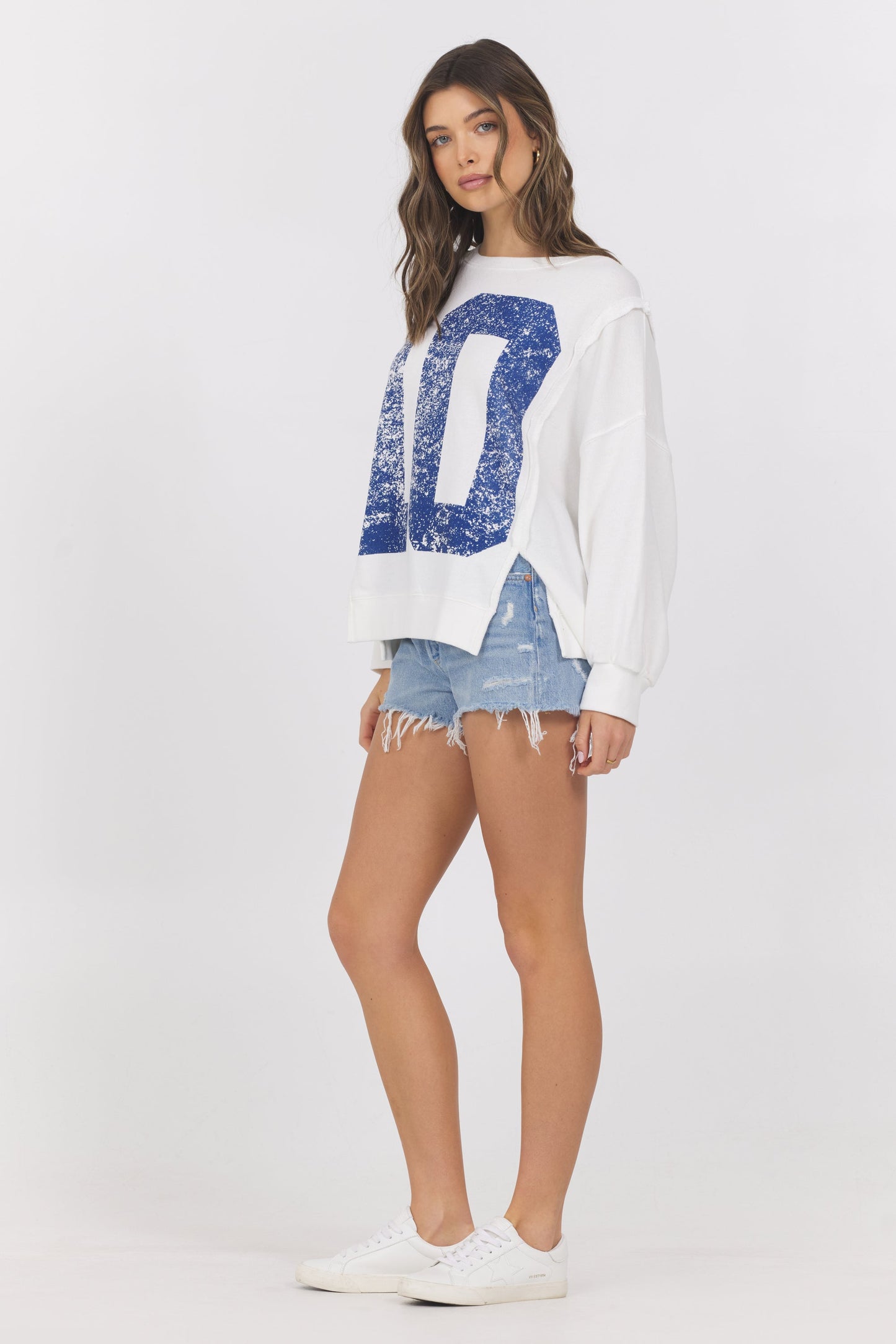 Warm White w/ Navy Vintage Havana French Terry Varsity Crewneck