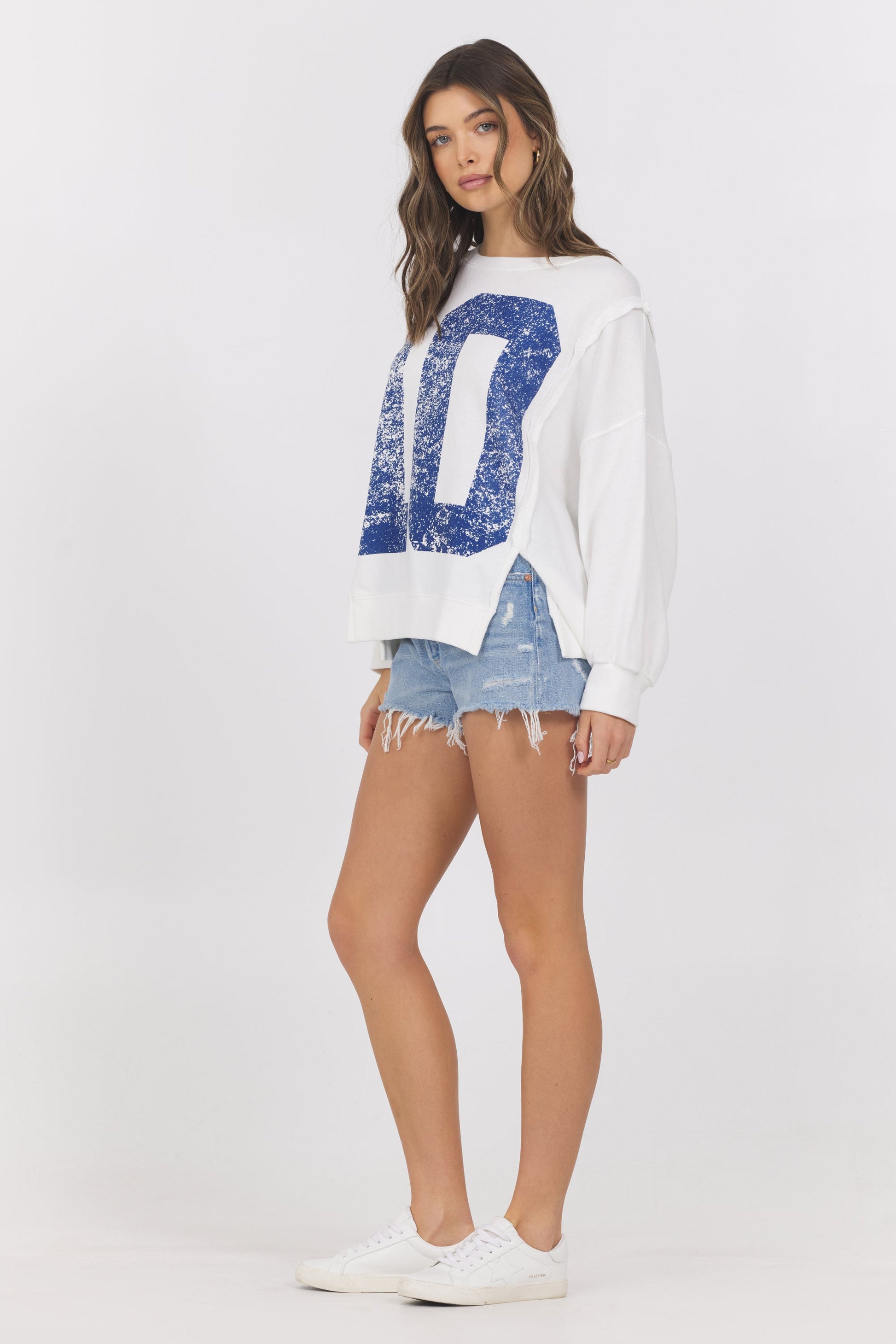 Warm White w/ Navy Vintage Havana French Terry Varsity Crewneck